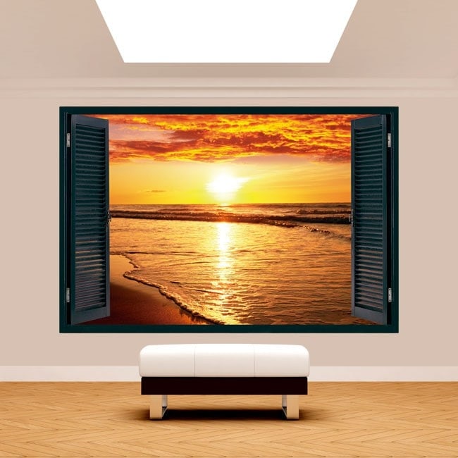 Quadro con effetto 3D, finestra aperta su spiaggia al tramonto, stampa da  parete , A0 91x61cm (36x24in)