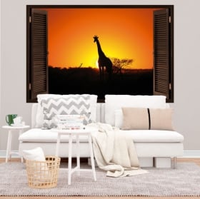 Sticker murale giraffa al tramonto finestra 3d