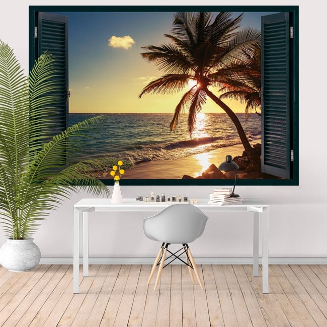 🥇 Vinili muri finestra tramonto sulla spiaggia 3d 🥇