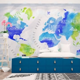 Muro vinili mappa del mondo acquerello