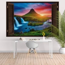 Finestre 3d islanda tardo pomeriggio cascate e montagne di kirkjufell