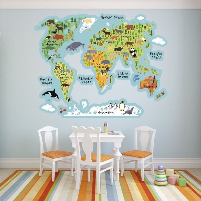 Tappeto in vinile per bambini mappa del mondo con animali - TenStickers