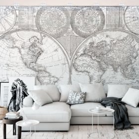 Murali in vinile mappa del mondo in bianco e nero