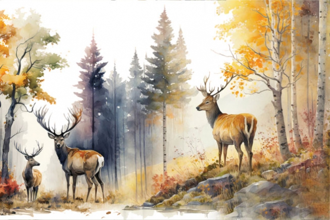 Foresta autunnale dell'acquerello con carta da parati o murale di renne