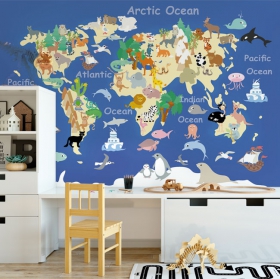 Carta da parati o murale con mappa per bambini con animali del continente