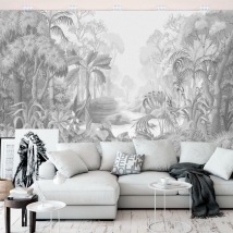 Murales in bianco e nero dell'illustrazione della giungla tropicale