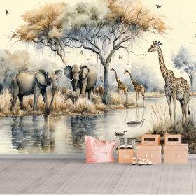 Carta da parati o carta da parati paesaggio lago safari giraffe elefanti