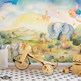 Carta da parati o murale illustrazione per bambini acquerello paesaggio animali