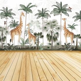 Carta da parati o murale paesaggio palme giraffe e uccelli