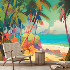 Paesaggio tropicale della spiaggia con la carta da parati o il murale delle palme paradisiache