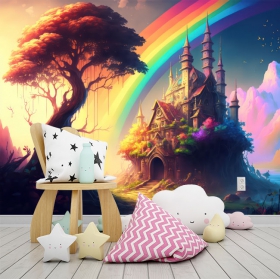 Carta da parati castello paesaggio magico per bambini e arcobaleno