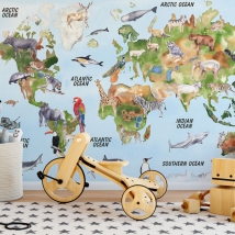 Carta da parati o murale della mappa del mondo con disegni di animali per posizione geografica