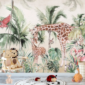 Carta da parati o murale acquerello giungla tropicale giraffe tigri uccelli