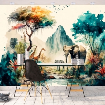 Carta da parati o murale acquerello paesaggio savana elefanti zebre montagne