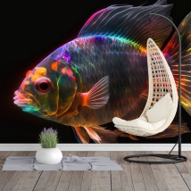 Moderno murale o carta da parati con pesci rossi color neon