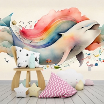 Carta da parati o murale disegno per bambini acquerello balena in nuvole e arcobaleni