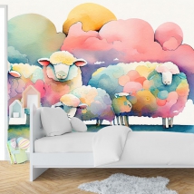 Carta da parati o murale acquerello per bambini che disegna nuvole di pecore di famiglia
