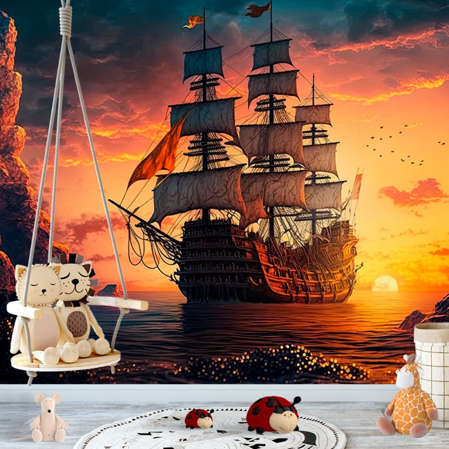 🥇 Carta da parati o murale illustrazione nave odissea in mare avventura  giovanile per bambini 🥇