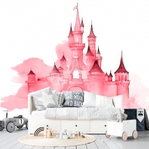 Murale o carta da parati del castello dell'acquerello rosa