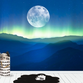 Carta da parati luna piena sopra le montagne e l'aurora boreale