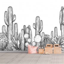 Carta da parati o murale disegno cactus orizzontale in bianco e nero