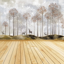 Carta da parati o murale illustrazione della foresta autunnale con i cervi
