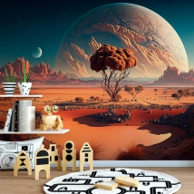 Carta da parati o murale paesaggio pianeta rosso fantascienza due lune