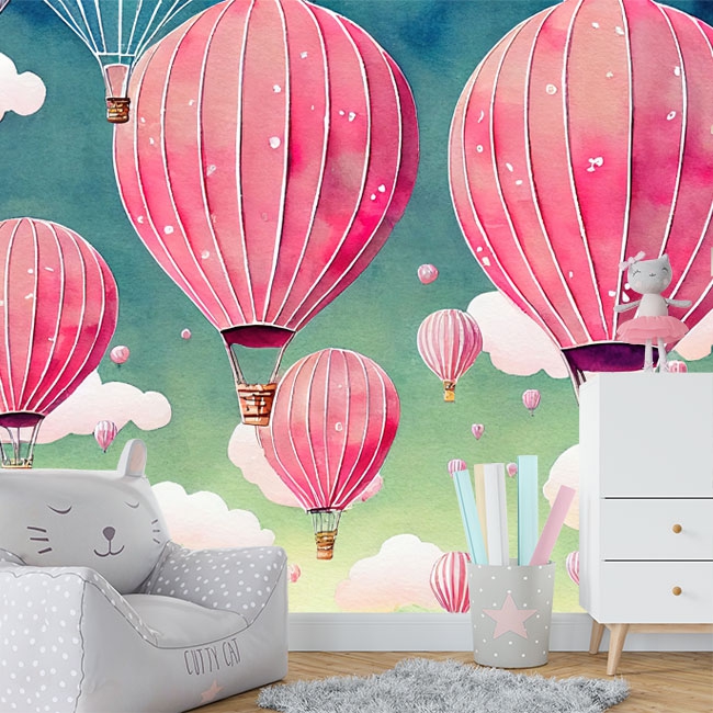 🥇 Carta da parati o fotomurale che disegna palloncini rosa nel cielo per i  bambini 🥇